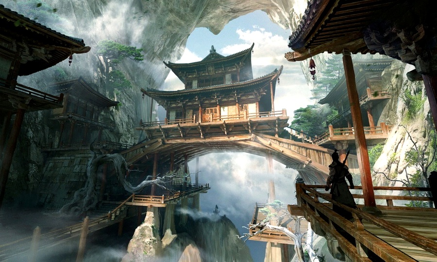 Iphexar — misty pagoda bridges suspended between stone cliffs