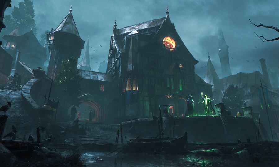 Zeos — gothic city at night, sorcerers casting green fire in the storm